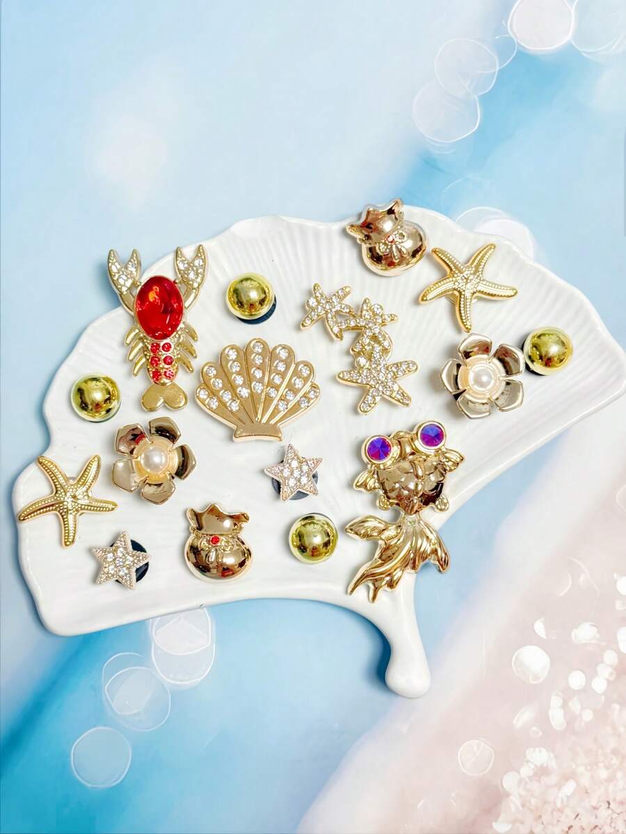 16件組鍍金吉祥海洋鞋飾，紅鑽龍蝦、紫色眼睛金魚、福袋、珍珠、花朵、海星、貝殼，可拆卸DIY配件，適用於涼鞋、拖鞋、沙灘包，度假禮物