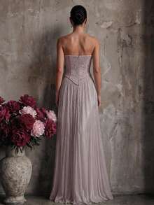 Smilprince Women's Dusty Lavender Luxury Strapless Beaded Chiffon Ruched Floor Length Flowy Formal Evening Gown, Spring Summer Party Special Occasion Outfit - Dusty Purple - View 2