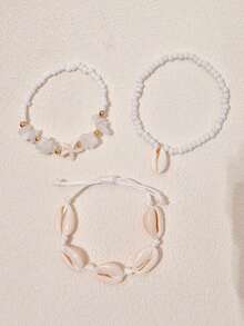 3Pcs/Set Boho Shell Starfish Stacked Bracelets For Women Stone Beaded Elastic Bracelet Summer Beach Jewelry Gift - White - View 3