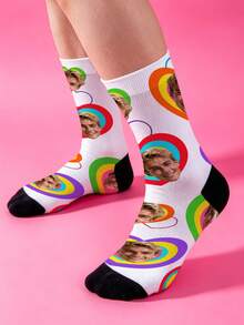 1 par de calcetines personalizados (calcetines personalizados con cara), calcetines de verano, calcetines con patrón de corazón & arcoíris, calcetines personalizados con foto, calcetines personalizados impresos, estilo lindo - Multicolor - Ver 6