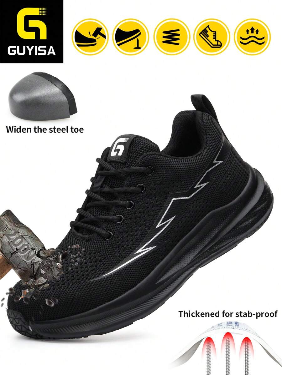 Men's Professional Anti-Crush Anti-Puncture Protective Shoes, Wide Last Design Suitable For Wide Feet, Sports Series Rubber Sole Lightweight Stylish All-Season Functional Shoes - Black - View 1