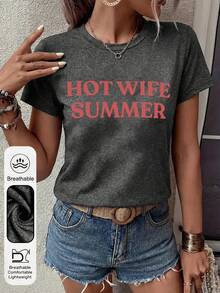 Vacation Outfits Women Hot Wife Summer Slogan Print T-Shirt, Summer Vacation Themed Short Sleeve Top For Women, Breathable &Sweat-Proof Polyester Tee - 深灰色 - 查看 4
