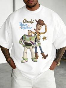 Men Disney Toy Story Buzz Woody Aliens Double Side Print T-Shirt Soft Cotton Crew Neck Short Sleeve Cartoon Movie Fan White Tee - 白色 - 查看 2