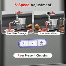 Molino para Carne Elctrico de 3 Velocidades y Auto - Reversa, Moledor de Carne Potente 3000W con Motor Silencioso 60dB, Almacenamiento Integrado de Empujador, Grado Alimenticio - plateado - Ver 7