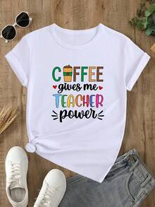Teacher's Coffee Print Pattern Casual Loose Short-Sleeve Summer T-Shirt Y2K Graphic Oversized Vintage S-XXL - White - View 1