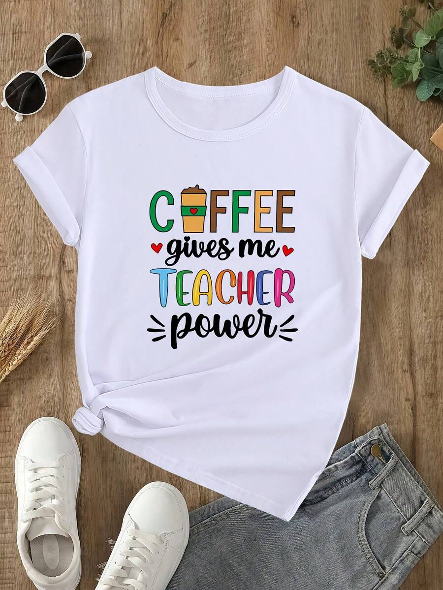 Teacher's Coffee Print Pattern Casual Loose Short-Sleeve Summer T-Shirt Y2K Graphic Oversized Vintage S-XXL - White - View 1