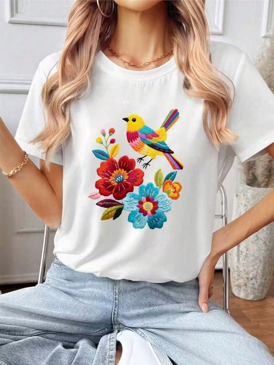 New Women's Summer Casual T-Shirt With Retro Floral Print From Mexico - Comfortable And Slightly Stretchy, Perfect For Outdoor Activities In Summer. | Casual Streetwear | - 白色 1 - 查看 1