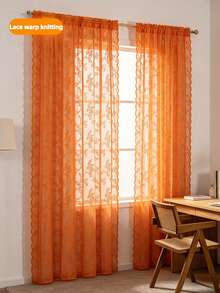 2pcs Bohemian Sheer Lace Curtains With Floral Pattern, Garden Style, Machine Washable, Floral Design, Lightweight, Seasonal, Suitable For Bedroom And Living Room, Cordless, Semi-Transparent, Curtain Theme, Room Type, Woven, Polyester Material, Rod Pocket Design - 2pcs - View 2