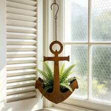 1 Vintage Distressed Anchor Chain Hanging Planter, Rusted Wrought Iron Nautical Style Hanging Basket, Suitable For Windowsill, Balcony, Or Wall Decoration. - Anchor-shaped Flower Pot - View 5