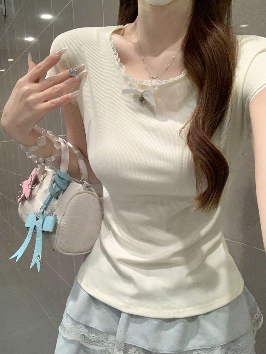 Summer Korean Style Sweet Bow Round Neck Lace Trim Slim Fit Short Sleeve T-Shirt Top For Women Random Patchwork - Apricot - View 1