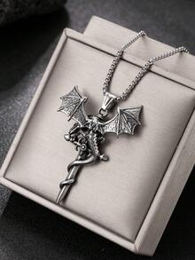 1pc Dark Vintage Dragon Totem Pendant Necklace, Men's Stainless Steel Distressed Box Chain, Street Hip Hop Accessory - Antique Silver - View 10