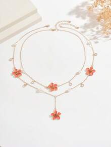 1 Set Of 2pcs Colorful Enamel Flower Pendant Necklace, Sweet Personalized Creative Faux Pearl Rhinestone 3D Enamel Flower Y-Shaped Chain Layered Necklace - Orange - View 7