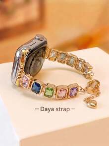 Band/Watch Bracelet For Women, High-End Luxury Colorful Square Crystal Adjustable Gold-Tone Zinc Alloy Strap, Metal Colorful Square Crystal Bracelet, Compatible With Apple Watch 38/40/41/42/44/45/46/49 Mm, Compatible With Apple Watch Series Ultra3/2/1/Se/11/10/9/8/7/6/5 4/3/2/1, Premium Fashion Accessory - Gold - View 6
