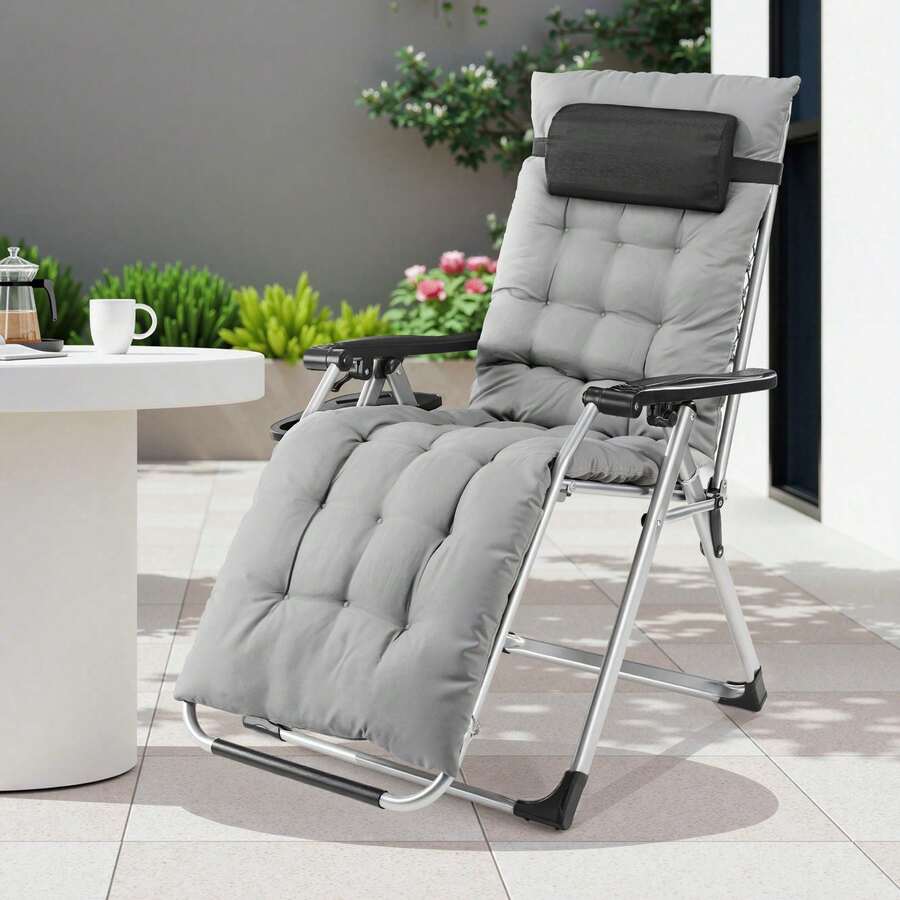 Zero Gravity Chair, Reclining Camping Lounge Chair For Indoor, Reclining Patio Chairs With Cup Holder Trays And Removable Cushion, Folding Recliner For Outdoor, Black - Grey - View 1