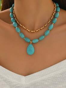 2 Stücke Premium Gold handgefertigte Kette im Boho-Stil für Frauen, ovale blaue Türkis-Perlen-Halskette mit Anhänger, geeignet für den täglichen Gebrauch, Ausflüge, Dates und Fotografie - Verschiedenfarbig - Übersicht 2