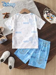 Conjunto de camiseta de manga corta con estampado de cabeza grande de Mickey Mouse y shorts con estampado de garabatos de Mickey de Disney para niños, patrón de dibujos animados, ligero estiramiento, adecuado para uso diario de niños pequeños en vacaciones de verano - Azul - Ver 2