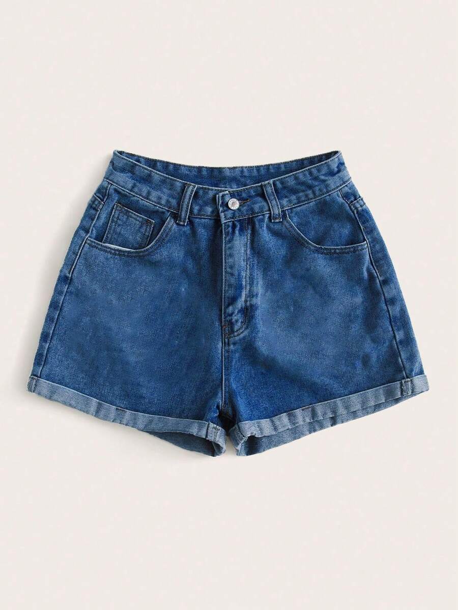 Summer Rolled-Up High-Waisted Denim Shorts - Maroon - View 1