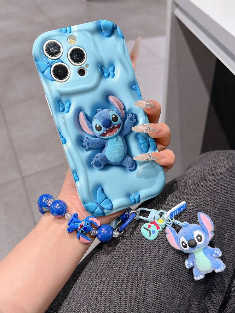 Disney Has Authorized, Phone Case - Chain Set, The Stitch Lilo & Stitch 3D Phone Case Plus A Silicone 3D Stitch Bracelet With Metallic Ring Removable Bracelet, Stitch And Angel Pattern, Compatible With Iphone17/16/15/14/13/12/17/XS/XR/X Plus Pro Max, A Stylish Cartoon Phone Case, The Perfect Gift Choice, Phone Protection, Durable Phone Cover, Great Gift For Friends And Family. - 白色 - 查看 1
