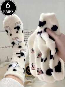 1/4/6/10 Pairs Cute Cow Pattern Plush Round Neck Socks, Thickened Coral Fleece Material, Soft And Comfortable, Suitable For Daily Wear And Winter Home Warmth - Multicolor - View 7