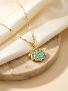 1pc Ocean Series Blue Crystal Decor Shell Heart Pendant Necklace, Suitable For Teens, Friends, Sisters, Summer Beach Party, Holiday Vacation, School Daily Casual, Jewelry Accessory, Birthday Gift, Back To School Season - Gold - View 4