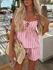 Conjunto de 2 piezas casual boho a rayas Just Masa para mujer, camiseta sin mangas con espalda descubierta y cordón ajustable & shorts de cintura elástica, para salir, vacaciones, elegante - Rosa - Ver 5