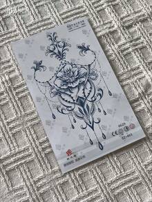 1pc Artistic Floral Chain Print Herbal Semi-Permanent Waterproof Temporary Tattoo Sticker, Disposable Fake Tattoo Sticker For Hand And Upper Arm, Waterproof And Sweat-Resistant Lasting 7-14 Days - Blue - View 5
