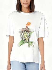 100% Cotton Of T Shirt Casual Style Women's T-Shirt Frog And Mushroom Print Summer Outfit Gift For Nature Lovers - White - View 1
