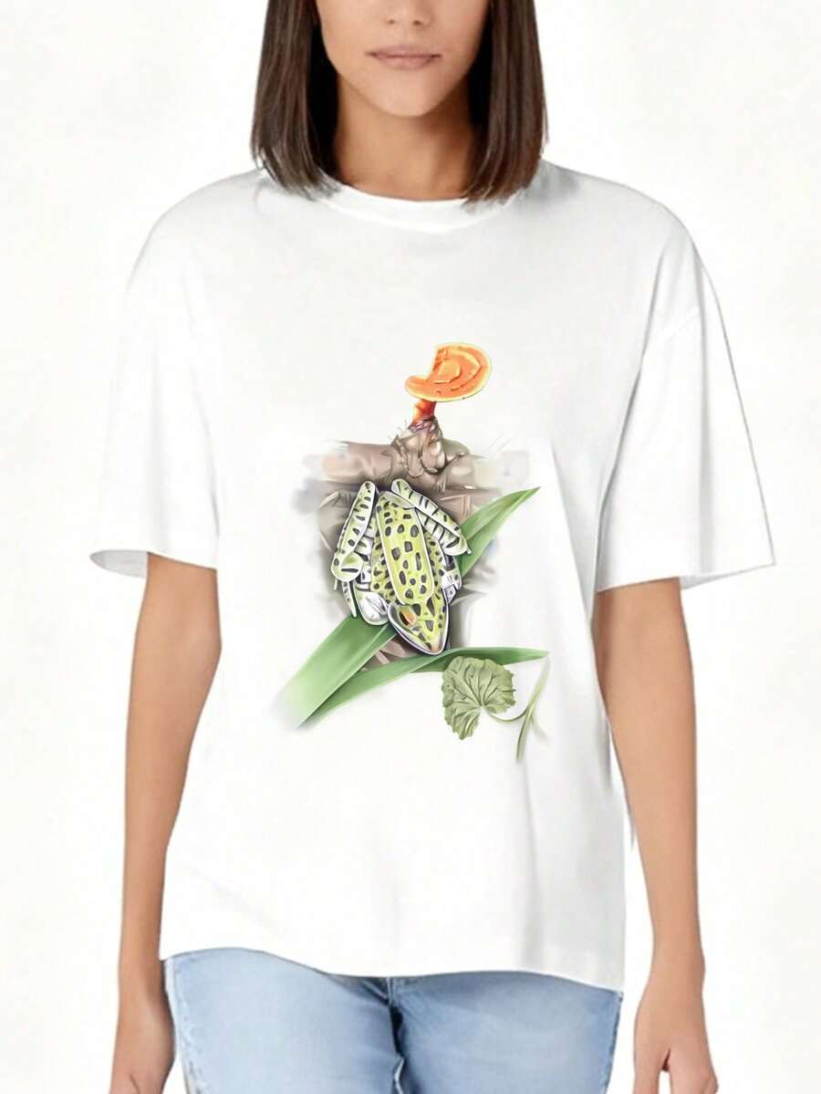 100% Cotton Of T Shirt Casual Style Women's T-Shirt Frog And Mushroom Print Summer Outfit Gift For Nature Lovers - White - View 1