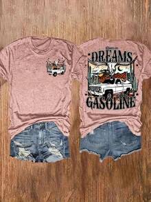 Women's Western-Style Letter Print Crew Neck T-Shirt, Casual Short-Sleeve Top, Women's Clothing. A0JO - 黑色 - 查看 9