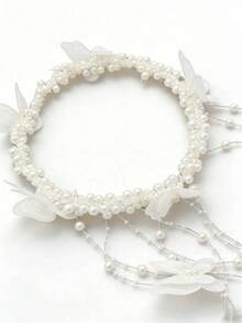 1pc Exquisite Faux Pearl Beaded Tassel Hair Chain Headpiece, Handmade, Suitable For Bride Wedding Party Festival Spring Photography - Multicolor - View 4