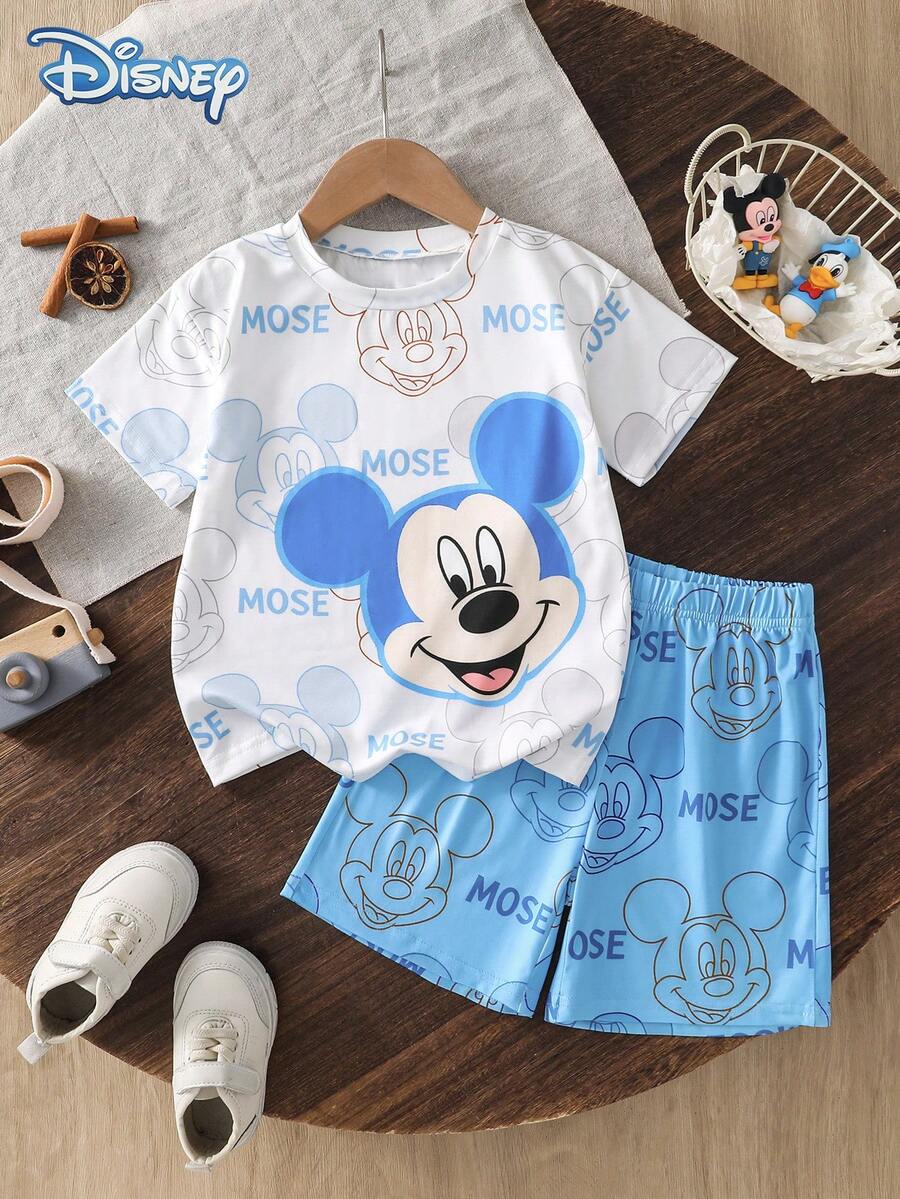 Conjunto de camiseta de manga corta con estampado de cabeza grande de Mickey Mouse y shorts con estampado de garabatos de Mickey de Disney para niños, patrón de dibujos animados, ligero estiramiento, adecuado para uso diario de niños pequeños en vacaciones de verano - Azul - Ver 1