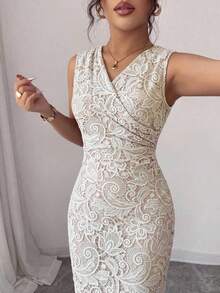 Vestido blanco para mujer, de verano, elegante, para invitada de boda, sin mangas, cuello en V, cintura ceñida, ajustado, con fruncido, estam - Blanco - Ver 7