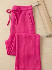 Blogueirinha Children's Wide Leg Pants In Ribbed Cotton Fabric With Pocket, Comfortable And Soft - 玫紅色 - 查看 2