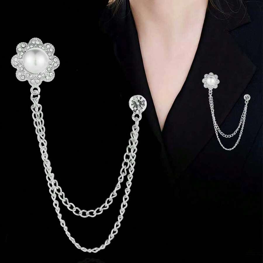 1pc Fashionable Elegant Rhinestone Flower Brooch With Double Layer Metal Chain Lapel Pin, Suitable For Business Suits, Banquets, Parties, Weddings, Formal Occasions, Clothing Accessories, Birthday, Holiday, Also Can Be Used As A Gift - Multicolor - View 1