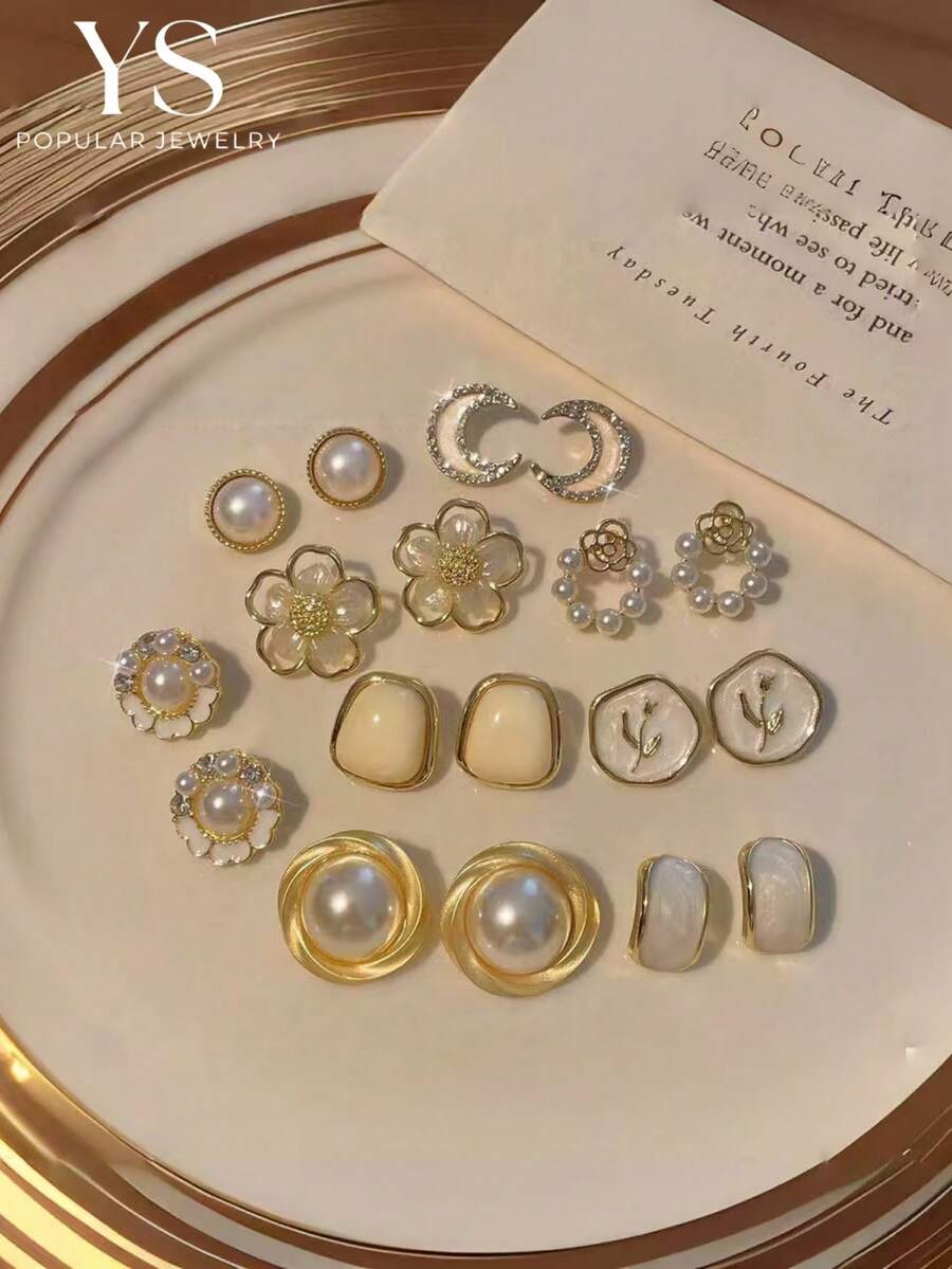 9 Pares/1 Par de Brincos de Botão Florais e de Lua Multiformas para Mulheres, Conjunto de Brincos da Série Branca com Esmalte Gotejado a Óleo, Joias Casuais para Uso Diário - Dourado - Visão 1