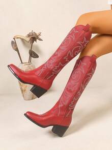 Women's Western Boots, Embroidered Tall Boots, Pointed Toe Chunky Heel Long Boots, Vintage Style, Eye-Catching Design, Suitable For Country Music Concerts/Music Festivals/Streetwear Occasions - Red - View 2