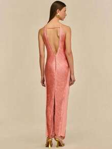 Long Party Dress With Fringe, Halter Neckline And Back Slit - Pink - View 4