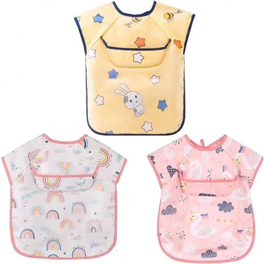 baberos para, 3 Piezas baberos impermeables con mangas, impermeables con Escote Ajustablebaberos, Baberos Impermeables Nio/Nia, Baberos con Bolsillo para 1 - 3 Aos - a - Ver 1
