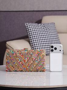 Handmade Evening Clutch/Handbag With Glitter And Rhinestone Embellishments, Party Bag, Cosmetic Bag, Shoulder Bag With Strap, Fashion Handbag - 米色 - 查看 7