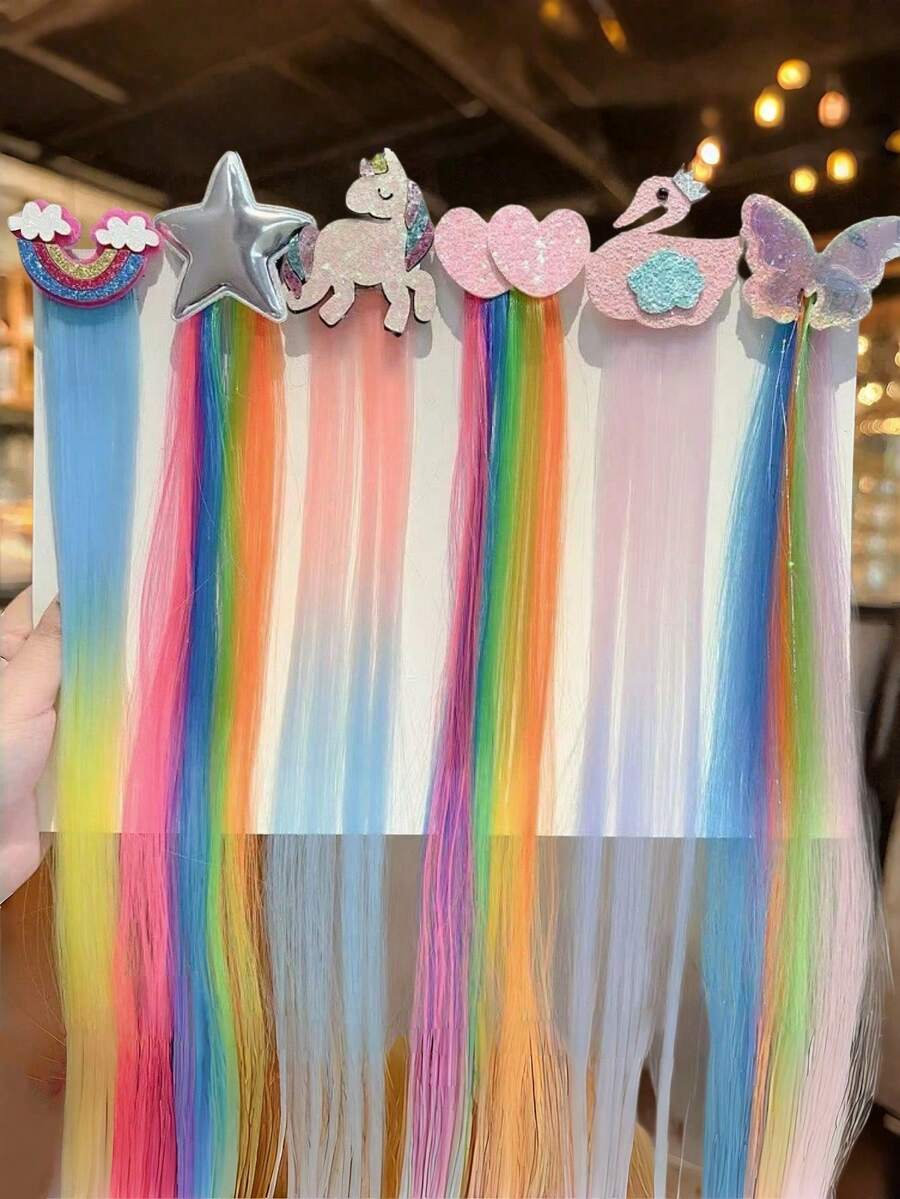 6pcs Girls Cute Street Cartoon Rainbow Butterfly Heart Gradient Color Hair Clips - Multicolor - View 1
