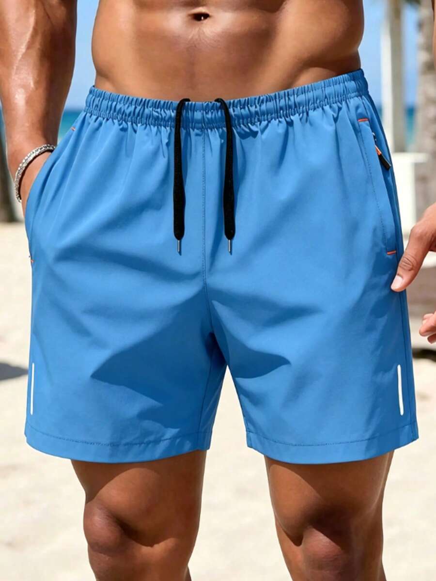 Men's Summer Lightweight Fabric Solid Color Drawstring Sports Shorts | Casual Beach Shorts, Suitable For Beach, Swimming, Outdoor, Hiking And Daily Wear - Blue - View 1