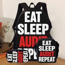 3-Piece [2D Flat] Backpack Series With The Unique Design "Eat Sleep Audit Repeat", Including A Small Pouch And A Pen Holder. - Black - View 1