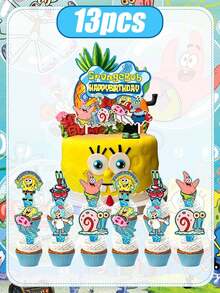 SpongeBob SquarePants SquarePants Full Bikini Bottom Character Cake Topper Set, Large Pineapple House Happy Birthday Big Cake Topper & Multi-Style Matching Cupcake Picks With Patrick Gary Mr.Krabs Squidward Print, Durable Thick Cardstock Waterproof - Multiple Styles - View 4