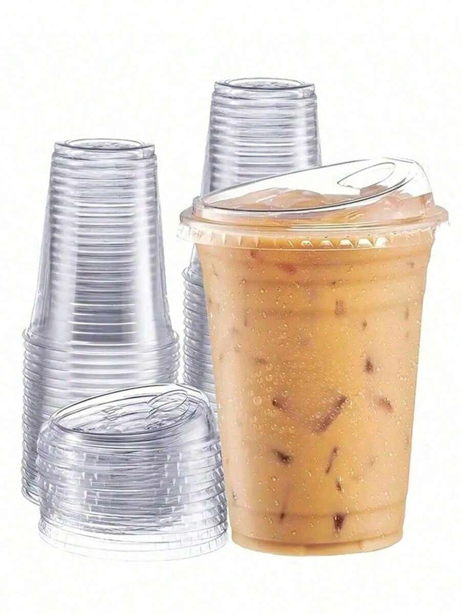 Iced Coffee Cup With Lid, Transparent Plastic Cup With Strawless Direct Drinking Lid, Round Bottom Takeout Cup, Suitable For Iced Coffee, Juice, Milkshake, Cold Drinks