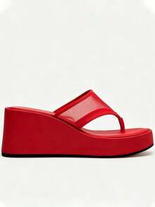 Red Mesh Toe-Post Wedge Sandals For Women, Summer New Thick Sole Height-Increasing Flip Flops - Red - View 3