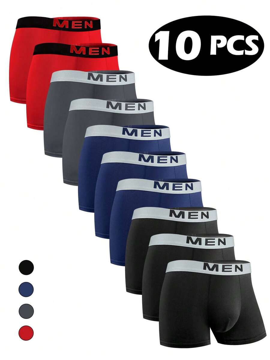 10pcs Men's Classic Boxer Briefs, Red, Grey, Navy Blue And Black, Casual Underwear