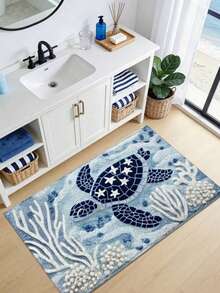 1pc Turtle Pattern Non-Slip Bath Mat, Bathroom Floor Mat, Bathroom Rug, Door Mat, Area Decor Rug, Printed Rug - Faux Cashmere Material, Blue & White Ocean Design, Machine Washable, Suitable For Bathroom, Kitchen And Holiday Decor, Ideal Gift, Bathroom Floor Mat - Turtle Pattern - View 5