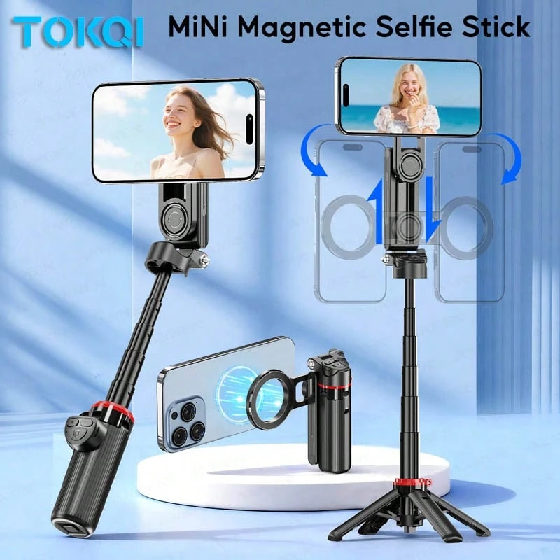 TOKQI 磁吸自拍棒三腳架附無線遙控器，360°旋轉手機支架可伸縮底座，相容 iOS 16 15 14 13 12 系列與 Android 手機，適用夏季度假旅行、戶外直播、Vlog 穩定錄影設備