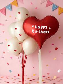 Red Heart-Shaped Balloons Paired With Latex Balloons, Valentine's Day Decorations, Romantic Decorations For Special Nights, Birthday Decorations, Wedding Decorations, Anniversary Decorations, Proposal And Engagement Decorations, Atmosphere Setup, Party Decorations. - Red Heart-shaped Stickers and Sand-white Latex Balloons - View 4
