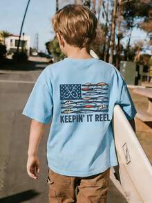 Camiseta de manga corta con cuello redondo y estampado divertido casual para niño preadolescente, top de verano - Celeste - Ver 2